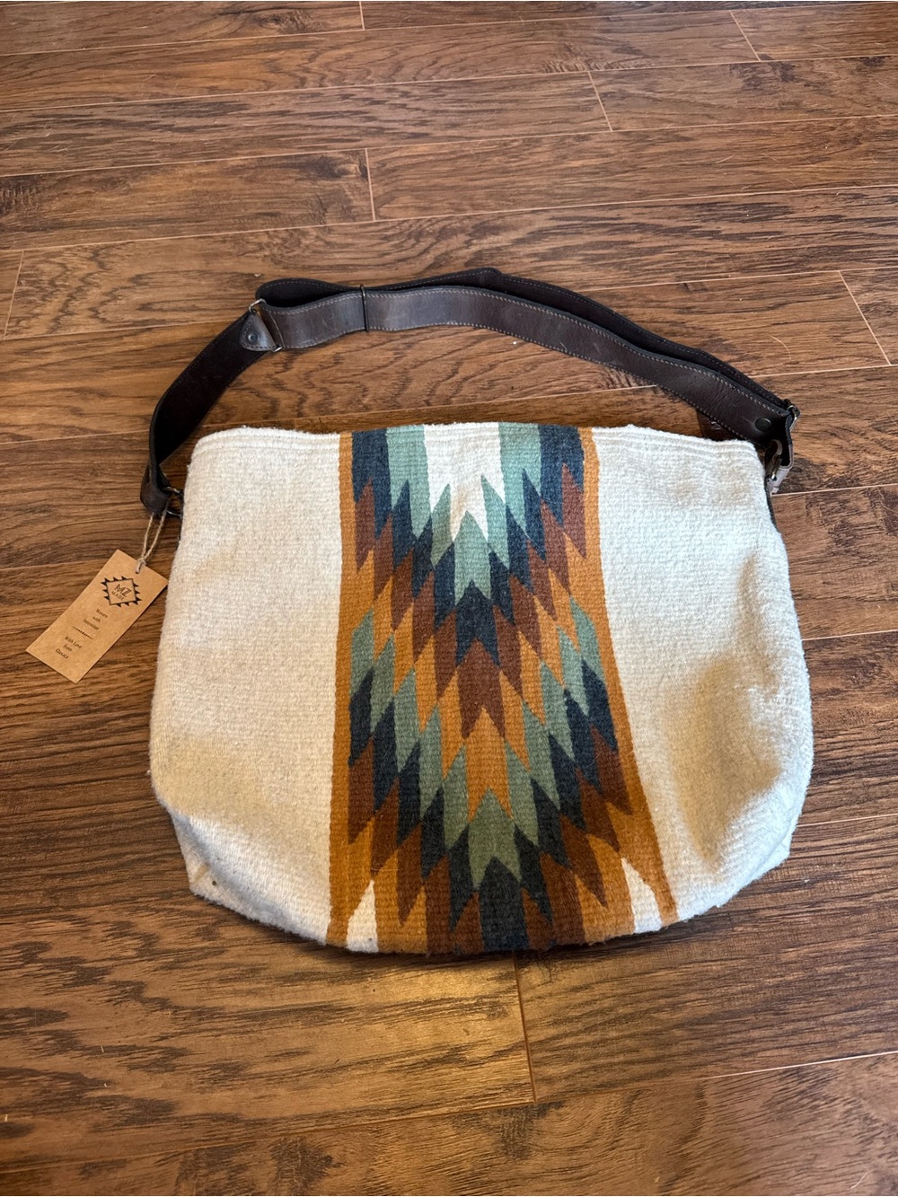 Southwestern Pattern Cream Canvas Shoulder Bag with Leather Strap